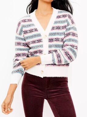 L - LOFT Ivory Fair Isle V-Neck Cardigan